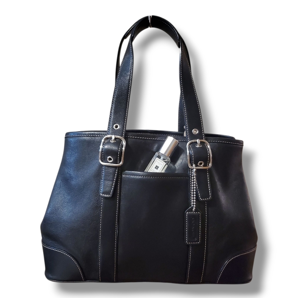 COACH Hampton 7588 Black Leather Satchel Tote Bag Contrasting Stictchung - Picture 3 of 9